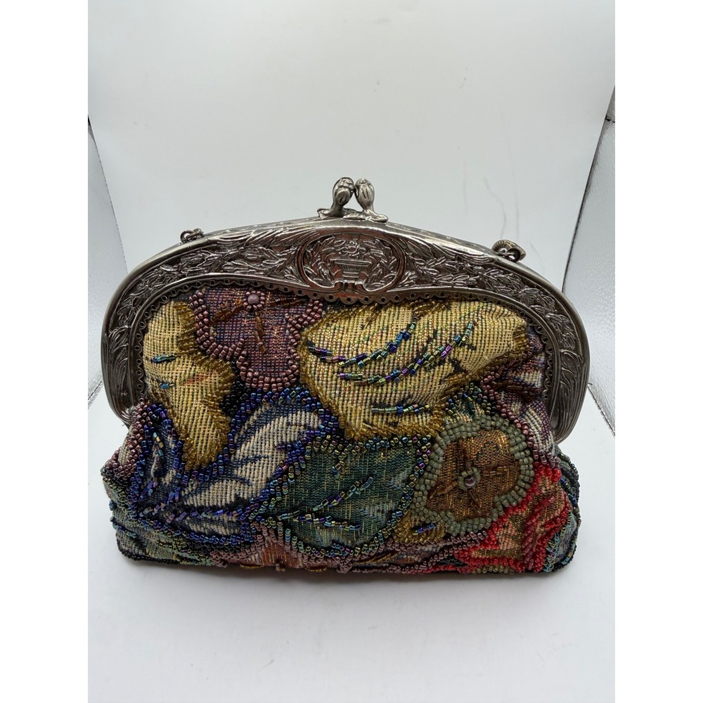 Vintage Stephanie Beaded Tapestry Floral Clutch Bag Multi Color Evening Purse